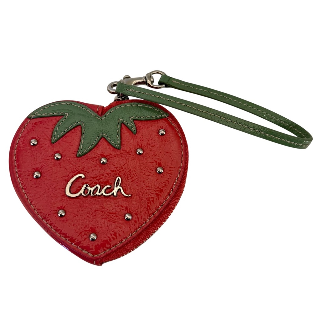 Coach Red Strawberry Heart Wristlet Coin Purse with Green Strap